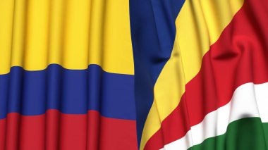 Gerçekçi kumaş dokusuna sahip KOLOMBİA ve SEYCHELLES bayrakları