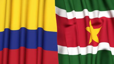 Gerçekçi kumaş dokusuna sahip KOLOMBIA ve SURINAME bayrakları