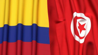 Gerçekçi kumaş dokusuna sahip KOLOMBIA ve TUNISIA bayrakları