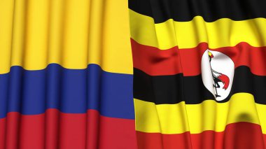 Gerçekçi kumaş dokusuna sahip KOLOMBIA ve UGANDA bayrakları