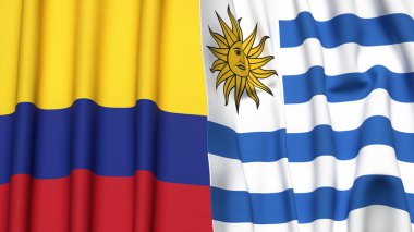 Gerçekçi kumaş dokusuna sahip KOLOMBIA ve Uruguay bayrakları