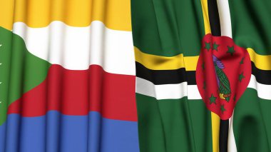 Gerçekçi kumaş dokusuna sahip COMOROS ve DOMINICA bayrakları
