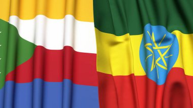 Gerçekçi kumaş dokusuna sahip COMOROS ve ETHIOPIA bayrakları