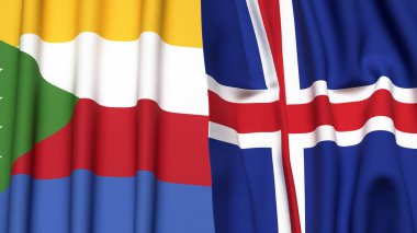 Gerçekçi kumaş dokusuna sahip COMOROS ve ICELAND bayrakları