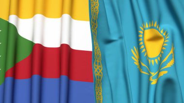 Gerçekçi kumaş dokusuna sahip COMOROS ve KAZAKHSTAN bayrakları