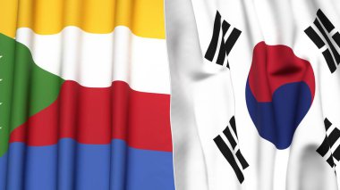KOMOROS Bayrakları ve KOREA GÜNEY Gerçekçi kumaş dokusuyla