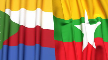 Gerçekçi kumaş desenli COMOROS ve Myanmar bayrakları