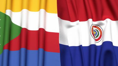 Gerçekçi kumaş dokusuna sahip COMOROS ve PARAGUAY bayrakları