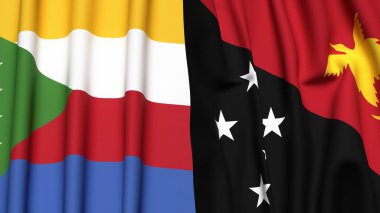 COMOROS ve PAPUA YENİ GİNE bayrakları gerçekçi kumaş dokusuna sahip