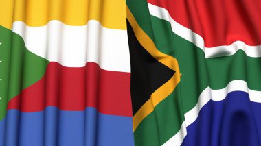 Gerçekçi kumaş dokusuna sahip COMOROS ve Güney Afrika bayrakları