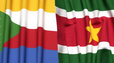 Gerçekçi kumaş dokusuna sahip COMOROS ve SURINAME bayrakları