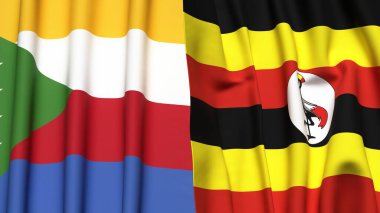 Gerçekçi kumaş dokusuna sahip COMOROS ve UGANDA bayrakları