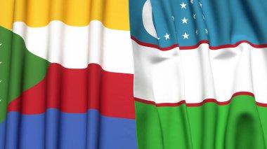 Gerçekçi kumaş dokusuna sahip COMOROS ve UZBEKISTAN bayrakları