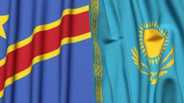 Gerçekçi kumaş dokusuna sahip Kongo Demokratik Cumhuriyetçi ve KAZAKHSTAN bayrakları