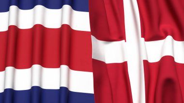 Gerçekçi kumaş dokusuna sahip COSTA RICA ve DENMARK bayrakları