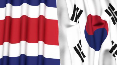 KOSTA RICA ve KOREA GÜNEY bayrakları gerçekçi kumaş dokusuyla