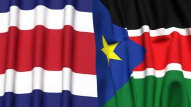 KOSTA RICA ve GÜNEY SUDAN bayrakları gerçekçi kumaş dokusuna sahip