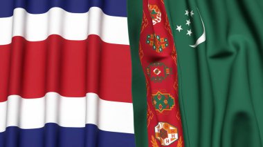 Gerçekçi kumaş dokusuna sahip COSTA RICA ve Türkmenistan bayrakları