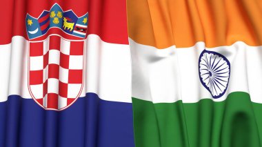 Gerçekçi kumaş dokusuna sahip CROATIA ve INDIA bayrakları