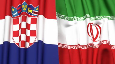 Gerçekçi kumaş dokusuna sahip CROATIA ve İRAN bayrakları