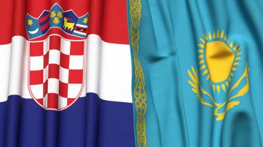 Gerçekçi kumaş dokusuna sahip CROATIA ve KAZAKHSTAN bayrakları