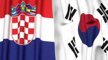 Gerçekçi kumaş dokusuna sahip KROATIA ve KOREA Güney Bayrakları