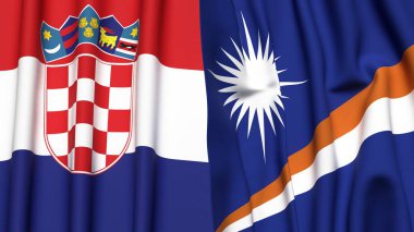 Gerçekçi kumaş dokusuna sahip CROATIA ve MARSHALL Adaları bayrakları