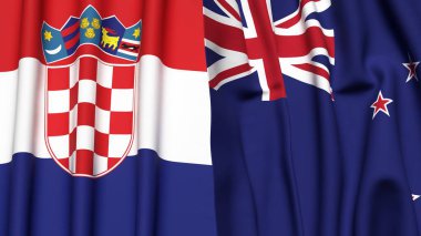 Gerçekçi kumaş dokusuna sahip Yeni Zelanda ve CroATIA bayrakları