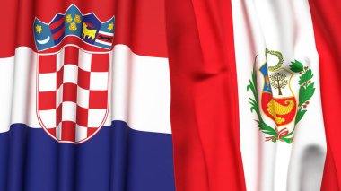 Gerçekçi kumaş dokusuna sahip CROATIA ve Peru bayrakları