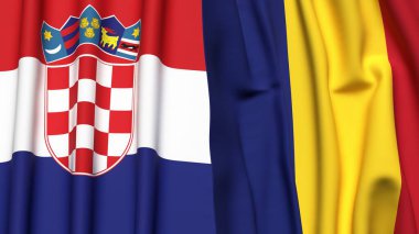 Gerçekçi kumaş dokusuna sahip CROATIA ve ROMANIA bayrakları