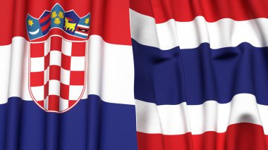 Gerçekçi kumaş dokusuna sahip CROATIA ve THAILAND bayrakları