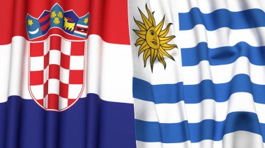 Gerçekçi kumaş dokusuna sahip CROATIA ve Uruguay bayrakları