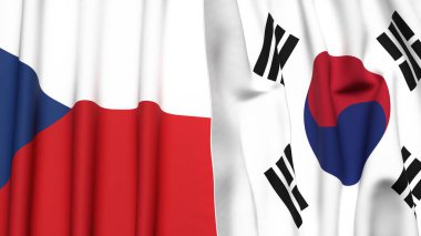 CZECH CUMHURİYET Bayrakları ve gerçekçi kumaş dokusuna sahip Güney Kore