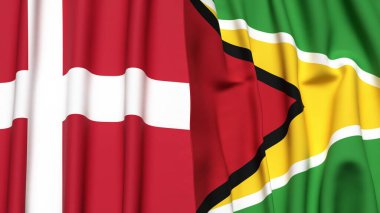 Gerçekçi kumaş dokusuna sahip DENMARK ve GUYANA bayrakları