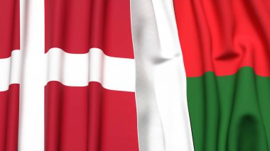 Gerçekçi kumaş dokusuna sahip DENMARK ve MADAGASCAR bayrakları