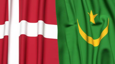 Gerçekçi kumaş dokusuna sahip DENMARK ve MAURITANIA bayrakları