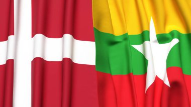 DENMARK ve Myanmar bayrakları gerçekçi kumaş dokusuyla