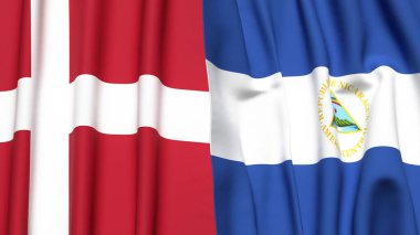 Gerçekçi kumaş dokusuna sahip DENMARK ve NICARAGUA bayrakları