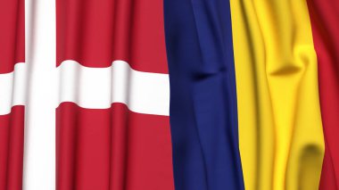 Gerçekçi kumaş dokusuna sahip DENMARK ve ROMANIA bayrakları