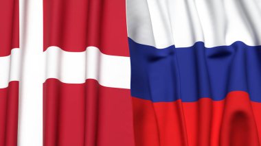 Gerçekçi kumaş dokusuna sahip DENMARK ve RUSSIA bayrakları