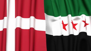 Gerçekçi kumaş dokusuna sahip DENMARK ve SYRIA bayrakları