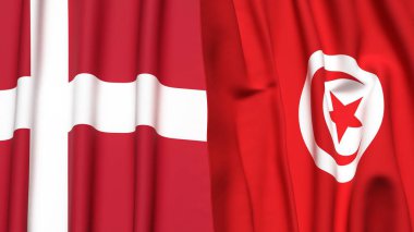 Gerçekçi kumaş dokusuna sahip DENMARK ve TUNISIA bayrakları