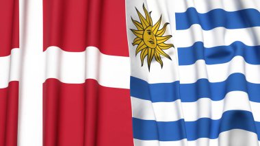 Gerçekçi kumaşlı DENMARK ve Uruguay bayrakları