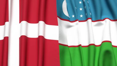 Gerçekçi kumaş dokusuna sahip DENMARK ve UZBEKISTAN bayrakları