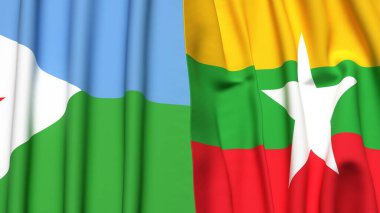 DJIBOUTI ve Myanmar 'ın gerçekçi kumaş dokusuna sahip bayrakları