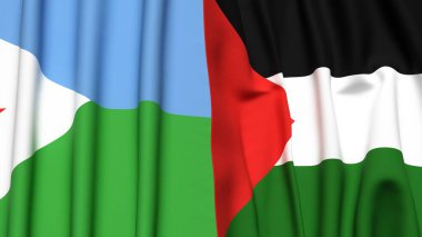 DJIBOUTI ve Filistin 4k bayrakları gerçekçi kumaş dokusuyla