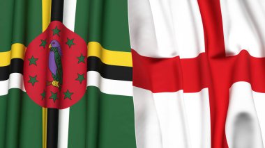 DOMINICA ve İngiltere bayrakları gerçekçi kumaş dokusuyla
