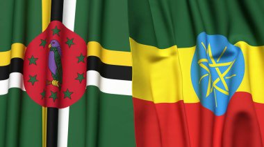 Gerçekçi kumaş dokusuna sahip DOMINICA ve ETHIOPIA bayrakları