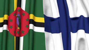 Gerçekçi kumaş dokusuna sahip DOMINICA ve FINLAND bayrakları