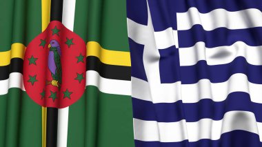 Gerçekçi kumaş dokusuna sahip DOMINICA ve GREECE bayrakları